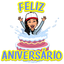 a cartoon of a woman jumping out of a cake with the words feliz aniversario above her