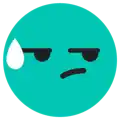 a blue smiley face with a sweat drop on its forehead and a sad look on its face .