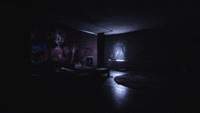 a dark room with a painting on the wall of a cartoon character