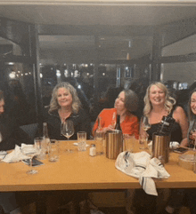 a group of women are sitting around a table with wine glasses and bottles