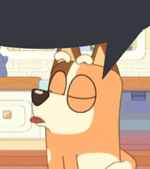 a close up of a cartoon dog with a speech bubble above its head .