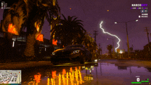 a car is driving down a street with a lightning bolt in the background and narco city written on the bottom