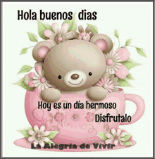 a picture of a teddy bear in a pink cup with flowers and the words hola buenos dias