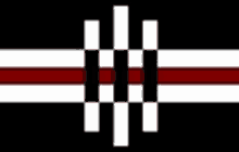 a black , white and red flag with a checkered pattern on it