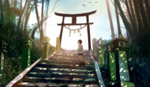 a painting of a girl standing in front of a torii gate in a forest