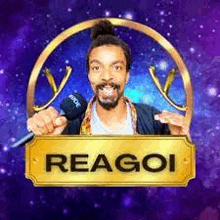 a man with a beard is holding a microphone in front of a sign that says `` reagoi '' .