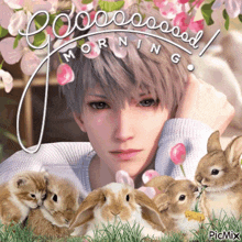 a man is surrounded by rabbits and kittens and the words good morning are above him