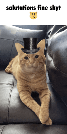 a cat wearing a top hat and glasses is laying on a couch with the caption salutations fine shyt