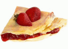 there is a slice of crepe with strawberries on top .