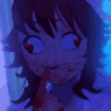 a close up of a cartoon character with blood on her face and a finger in her mouth .