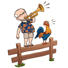 a man playing a trumpet next to a rooster