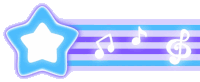 a purple and blue striped background with music notes and a star