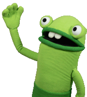 a green frog puppet with big eyes and a big mouth