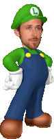 a man in overalls and a green hat with a l on it