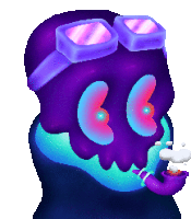 a purple skull with goggles and a pipe in its mouth