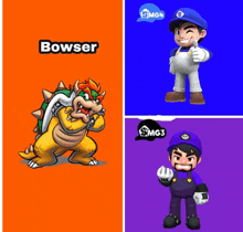 a collage of three cartoon characters including bowser