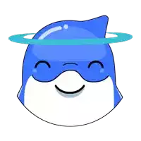 a cartoon drawing of a blue dolphin with a halo around its head