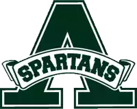 the spartans logo is green and white with a white border .