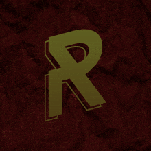 a gold letter r is on a red background with other letters