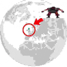 a pixel art of a robot standing on top of a globe with a red arrow pointing to it .