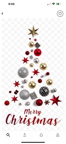 a phone screen shows a christmas tree made of decorations and says merry christmas