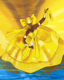 a drawing of a woman in a yellow dress with a crown on her head