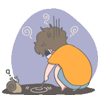 a cartoon drawing of a person kneeling down with a swirl around their head