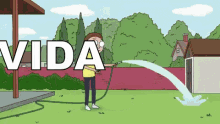 a cartoon of a man spraying water with the word vida