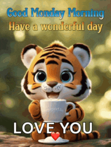 a cartoon tiger holding a cup of coffee with the words " good monday morning have a wonderful day love you "