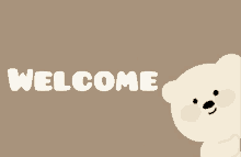 a teddy bear is peeking out from behind a wall with the words welcome behind it