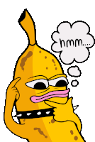 a cartoon drawing of a banana with a speech bubble that says hmm