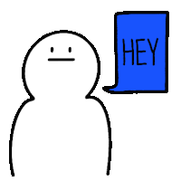 a line drawing of a person with a blue speech bubble that says hey