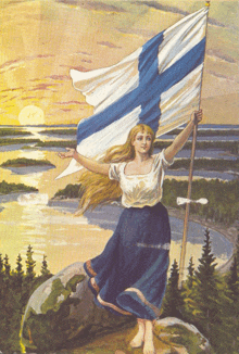 a painting of a woman holding a flag with a cross in the middle