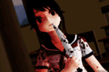 a bloody anime girl holding a bloody knife in her hand