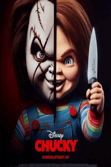 a disney chucky movie poster shows a doll with a knife