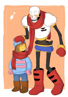 a drawing of papyrus and frisk wearing scarves and mittens