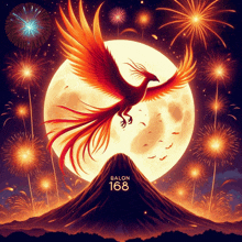 an illustration of a phoenix flying over a mountain with ballon 168 written on the bottom