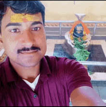 a man in a purple shirt takes a selfie in front of a small shiva statue