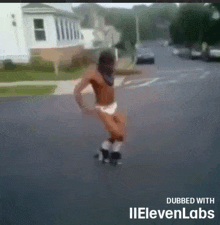 a man without a shirt is rollerblading down a street with the words dubbed with elevenlabs below him