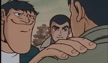 a group of men are standing next to each other in a cartoon . one of the men has a very large head .