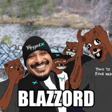 a man wearing a black beanie is surrounded by cartoon characters and the text blazzord