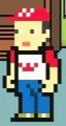 a pixel art of a person wearing a red hat and a white shirt .