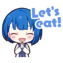 a sticker of a girl with blue hair saying let 's eat !