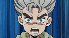 a close up of a cartoon character 's face with gray hair and blue eyes