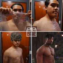 a collage of four pictures of a man wrapped in plastic wrap