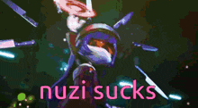 a purple background with the words nuzi sucks above it