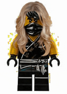 a lego ninjago character with long blonde hair and a mask .