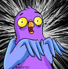 a cartoon drawing of a purple bird with a surprised look on his face