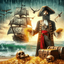 a man in a pirate costume is standing in front of a ship