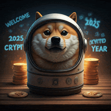 a doge wearing a helmet is surrounded by stacks of coins